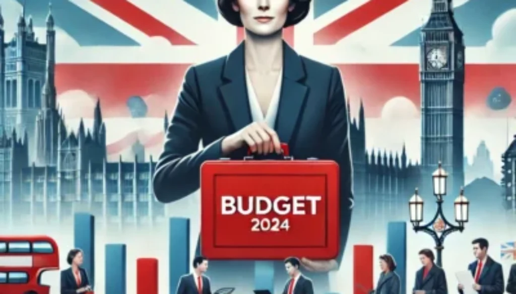 DALL·E 2024-10-30 08.29.58 - A professional illustration depicting the UK Budget 2024_ a British Chancellor, portrayed as a woman holding a red budget briefcase, with iconic UK sy Budget 2024