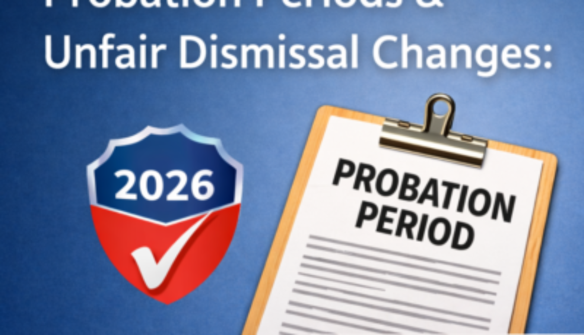 Announcement graphic: 2026 Employment Law Update on probation periods and unfair dismissal, with a 2026 shield and probation clipboard.