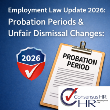 Announcement graphic: 2026 Employment Law Update on probation periods and unfair dismissal, with a 2026 shield and probation clipboard.