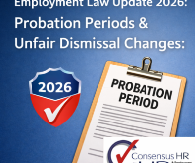 Announcement graphic: 2026 Employment Law Update on probation periods and unfair dismissal, with a 2026 shield and probation clipboard.