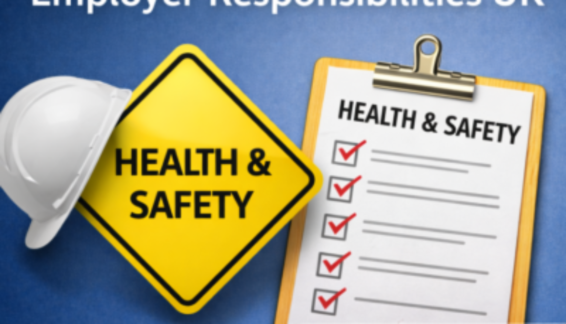 Blue background with a yellow Health & Safety sign, a white hard hat, and a clipboard checklist labeled Health & Safety (Consensus HR).