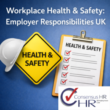 Blue background with a yellow Health & Safety sign, a white hard hat, and a clipboard checklist labeled Health & Safety (Consensus HR).
