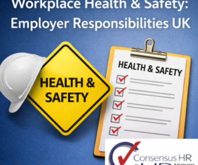 Blue background with a yellow Health & Safety sign, a white hard hat, and a clipboard checklist labeled Health & Safety (Consensus HR).