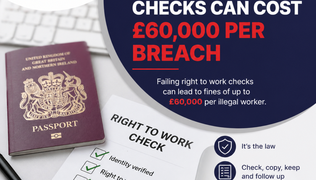 HR Fact poster stating that right-to-work checks can cost £60,000 per breach, with a UK passport and checklist in view