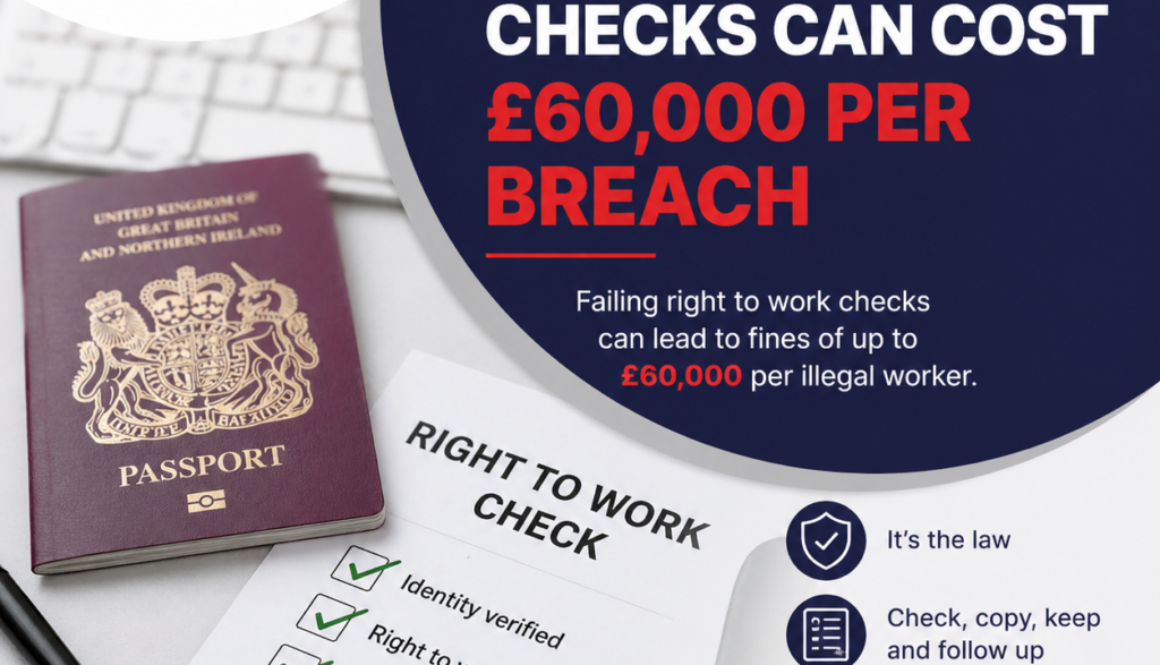HR Fact poster stating that right-to-work checks can cost £60,000 per breach, with a UK passport and checklist in view