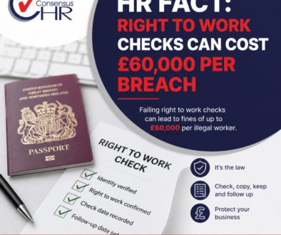 HR Fact poster stating that right-to-work checks can cost £60,000 per breach, with a UK passport and checklist in view