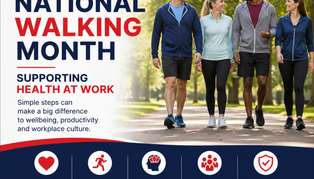 Poster for Consensus HR National Walking Month: four people walk in a sunlit park on the right, left side shows bold multi-line text, including 'NATIONAL WALKING MONTH' and 'SUPPORTING HEALTH AT WORK'; bottom dark blue band with five icons.