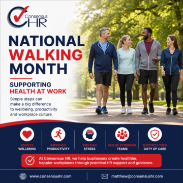 Poster for Consensus HR National Walking Month: four people walk in a sunlit park on the right, left side shows bold multi-line text, including 'NATIONAL WALKING MONTH' and 'SUPPORTING HEALTH AT WORK'; bottom dark blue band with five icons.