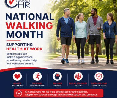 Poster for Consensus HR National Walking Month: four people walk in a sunlit park on the right, left side shows bold multi-line text, including 'NATIONAL WALKING MONTH' and 'SUPPORTING HEALTH AT WORK'; bottom dark blue band with five icons.