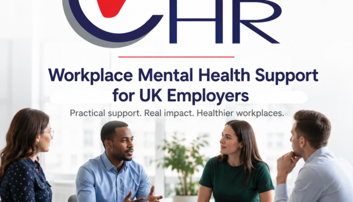 Consensus HR logo with the headline 'Workplace Mental Health Support for UK Employers' and a diverse group of professionals in discussion in back, promotional image.