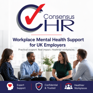 Consensus HR logo with the headline 'Workplace Mental Health Support for UK Employers' and a diverse group of professionals in discussion in back, promotional image.