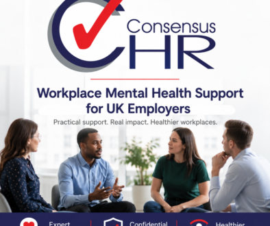 Consensus HR logo with the headline 'Workplace Mental Health Support for UK Employers' and a diverse group of professionals in discussion in back, promotional image.