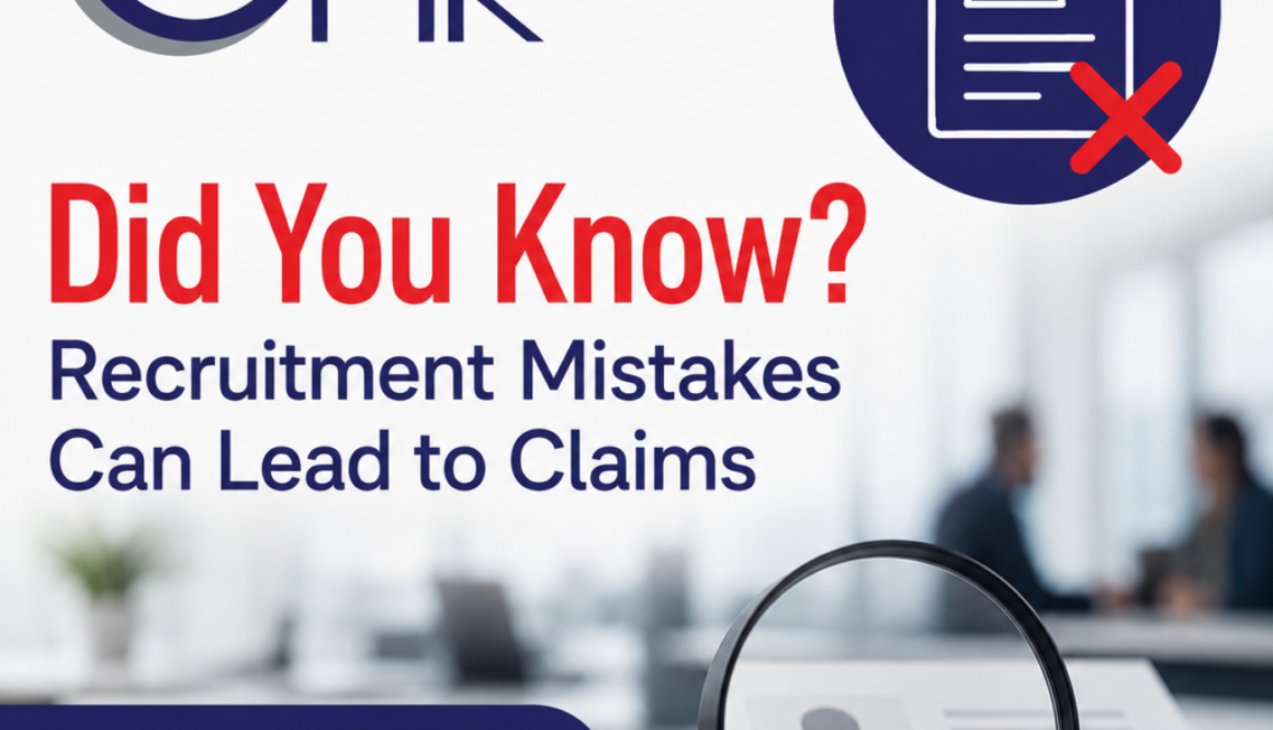 Informational HR poster about recruitment mistakes that can lead to claims, with magnifying glass over a résumé field.