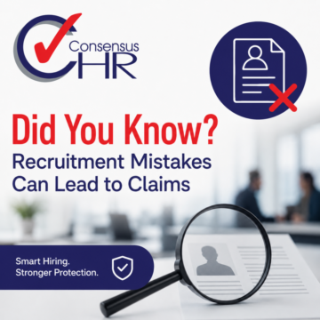 Informational HR poster about recruitment mistakes that can lead to claims, with magnifying glass over a résumé field.