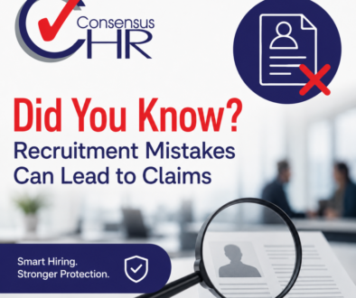 Informational HR poster about recruitment mistakes that can lead to claims, with magnifying glass over a résumé field.