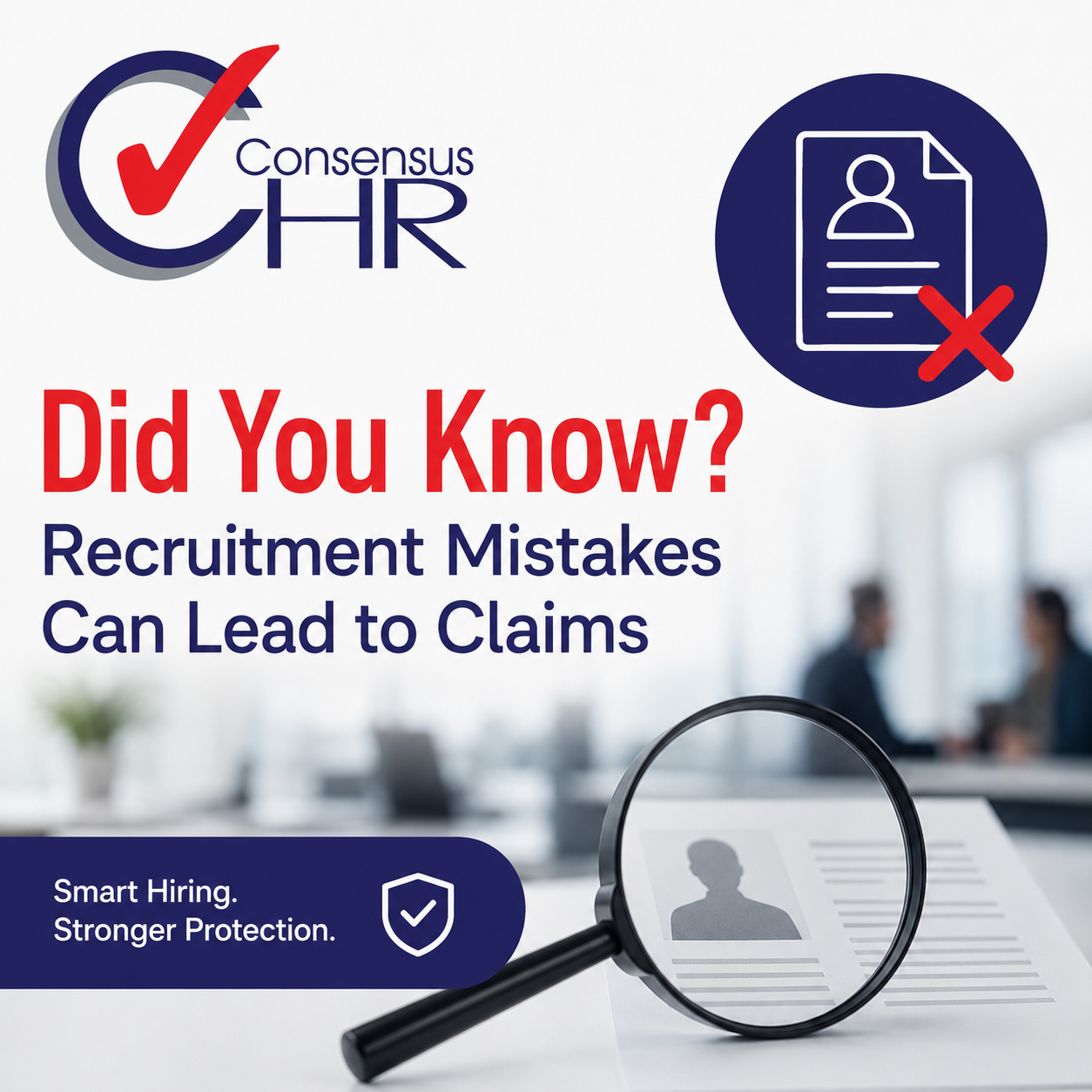 Informational HR poster about recruitment mistakes that can lead to claims, with magnifying glass over a résumé field.