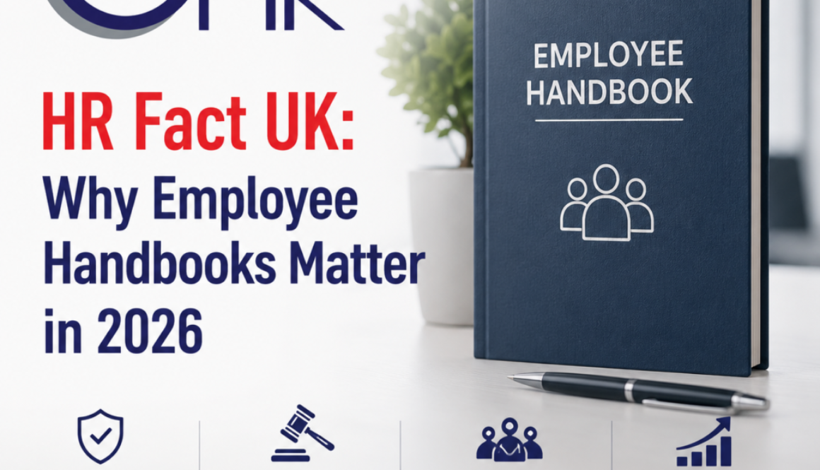 Poster promoting HR fact UK: Why Employee Handbooks Matter in 2026, with an Employee Handbook book and logo, blue text on white background.