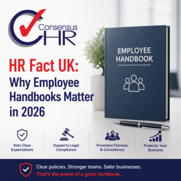 Poster promoting HR fact UK: Why Employee Handbooks Matter in 2026, with an Employee Handbook book and logo, blue text on white background.