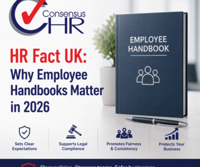 Poster promoting HR fact UK: Why Employee Handbooks Matter in 2026, with an Employee Handbook book and logo, blue text on white background.