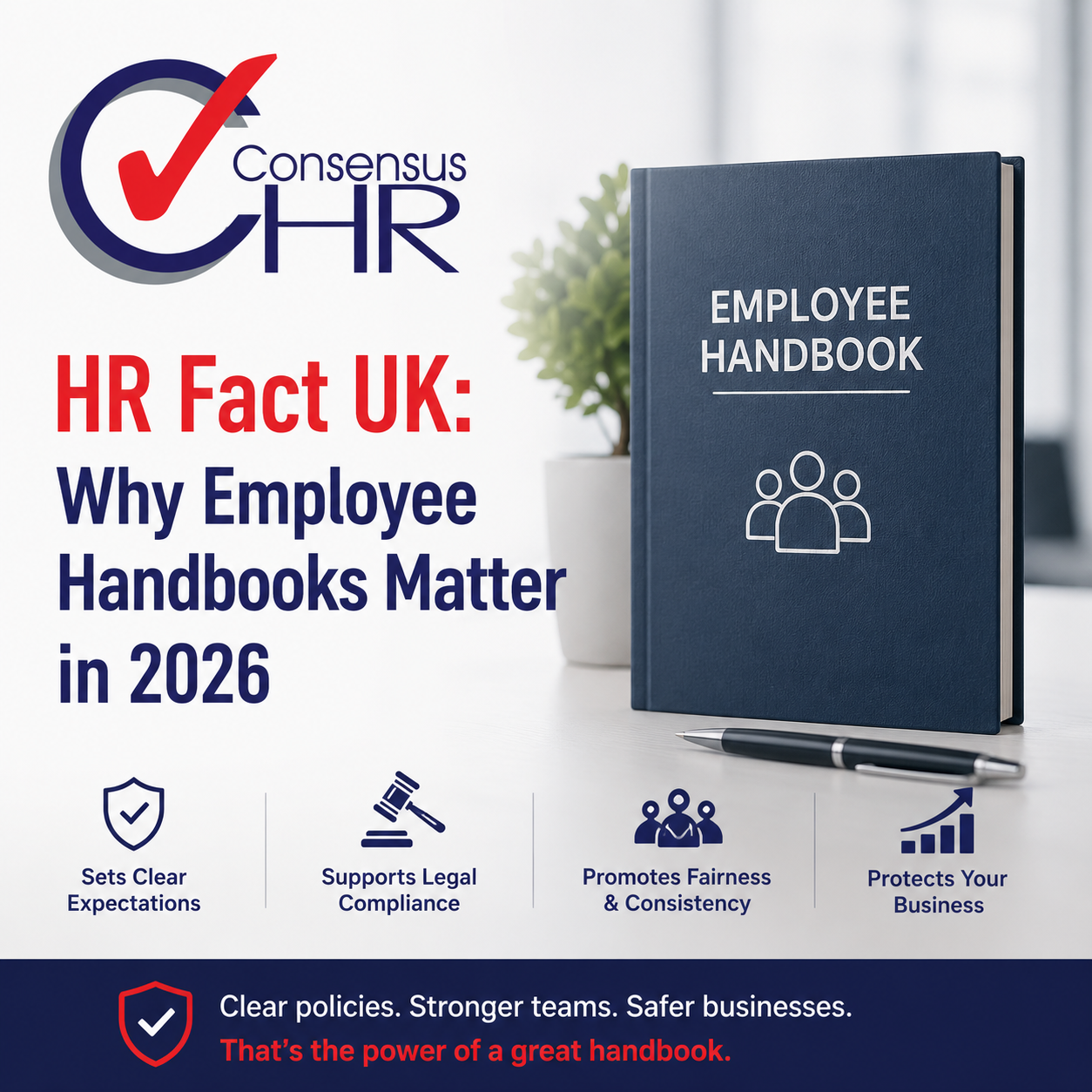 Poster promoting HR fact UK: Why Employee Handbooks Matter in 2026, with an Employee Handbook book and logo, blue text on white background.