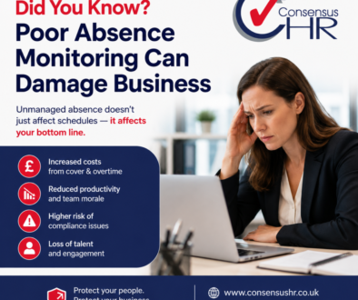 Infographic about how poor absence monitoring harms a business, with a stressed woman at a laptop and the Consensus HR logo.