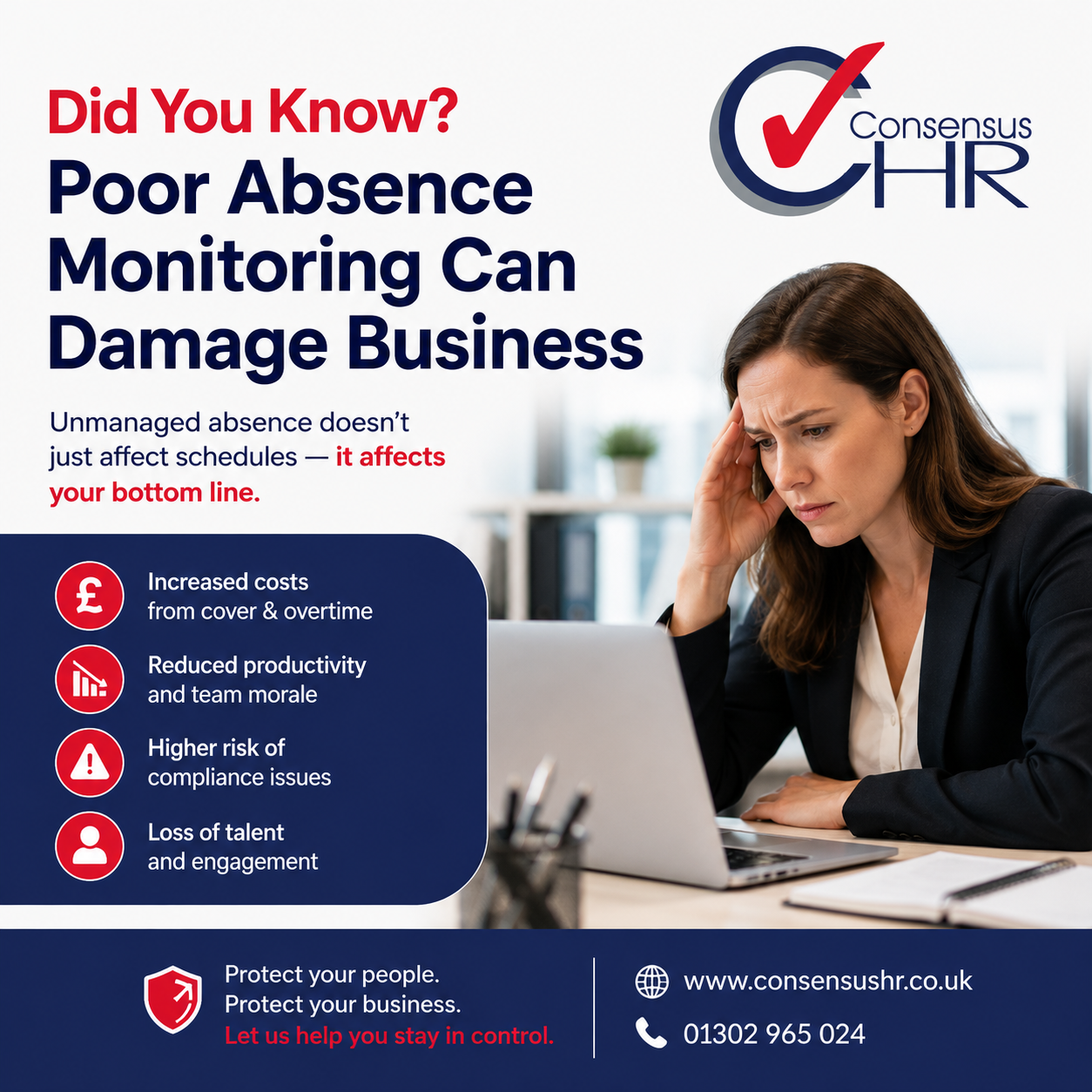 Infographic about how poor absence monitoring harms a business, with a stressed woman at a laptop and the Consensus HR logo.