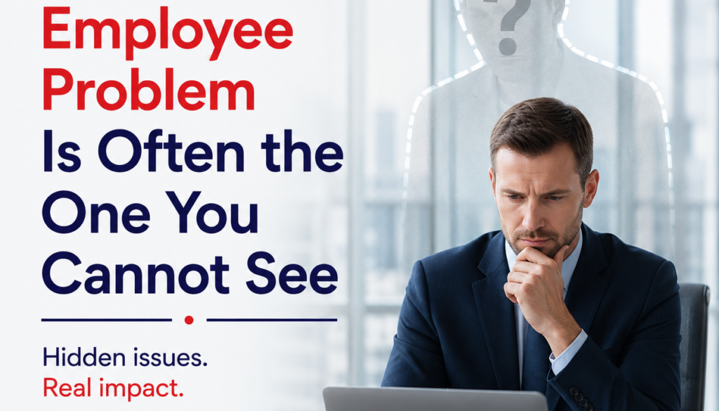 Poster about hidden HR issues: a businessman at a laptop with a ghostly outline and question mark, emphasizing unseen problems. The main headline reads about expensive employee problems.