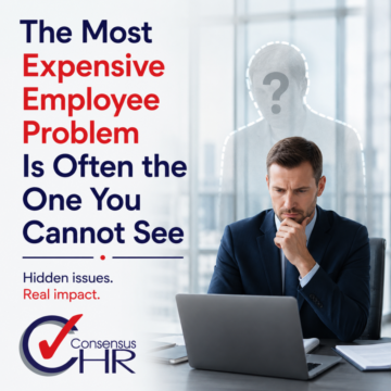 Poster about hidden HR issues: a businessman at a laptop with a ghostly outline and question mark, emphasizing unseen problems. The main headline reads about expensive employee problems.