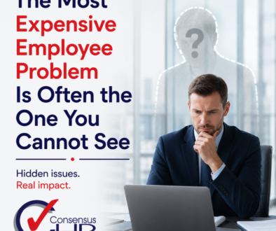 Poster about hidden HR issues: a businessman at a laptop with a ghostly outline and question mark, emphasizing unseen problems. The main headline reads about expensive employee problems.