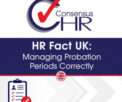 Consensus HR logo with the title 'HR Fact UK: Managing Probation Periods Correctly' and a checklist icon at the bottom left of the image area.