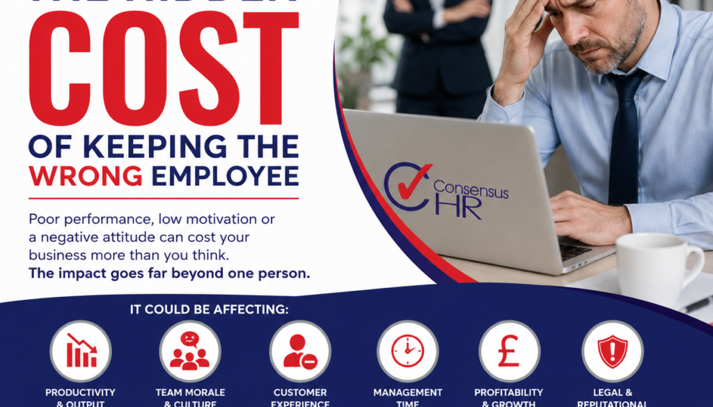 Poster for Consensus HR about the hidden cost of keeping the wrong employee; stressed man at a laptop with a coworker in the background.