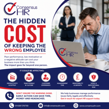 Poster for Consensus HR about the hidden cost of keeping the wrong employee; stressed man at a laptop with a coworker in the background.
