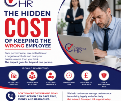 Poster for Consensus HR about the hidden cost of keeping the wrong employee; stressed man at a laptop with a coworker in the background.
