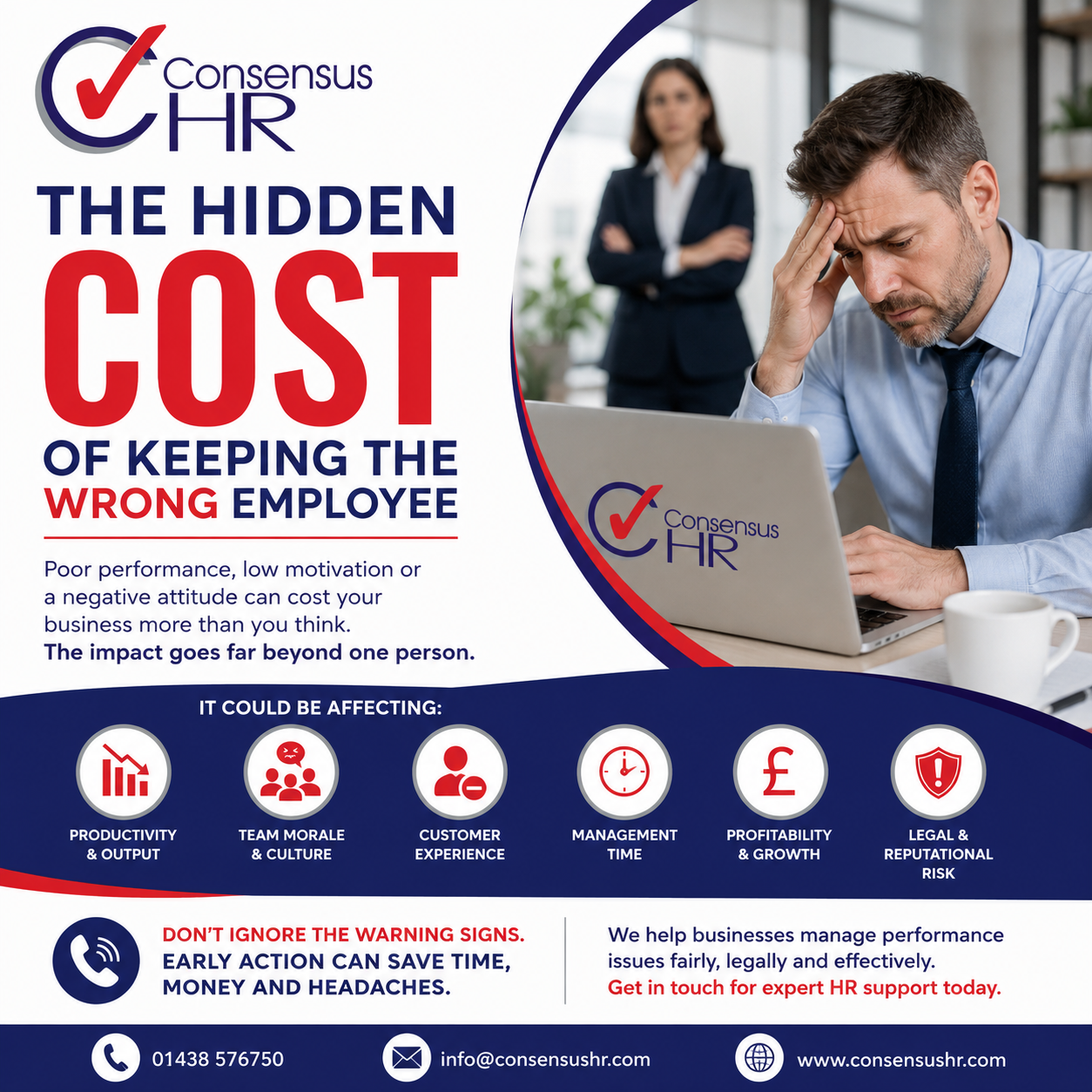 Poster for Consensus HR about the hidden cost of keeping the wrong employee; stressed man at a laptop with a coworker in the background.