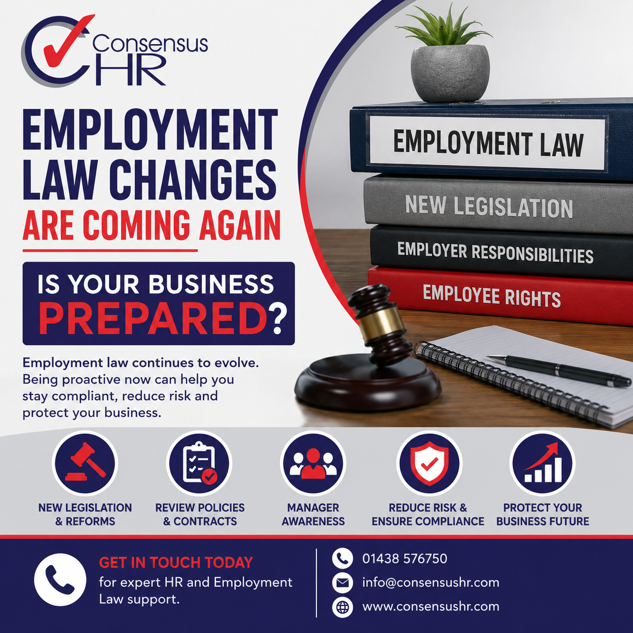 Infographic alert that employment law changes are coming and asks, 'Are you prepared?' for business readiness and compliance.
