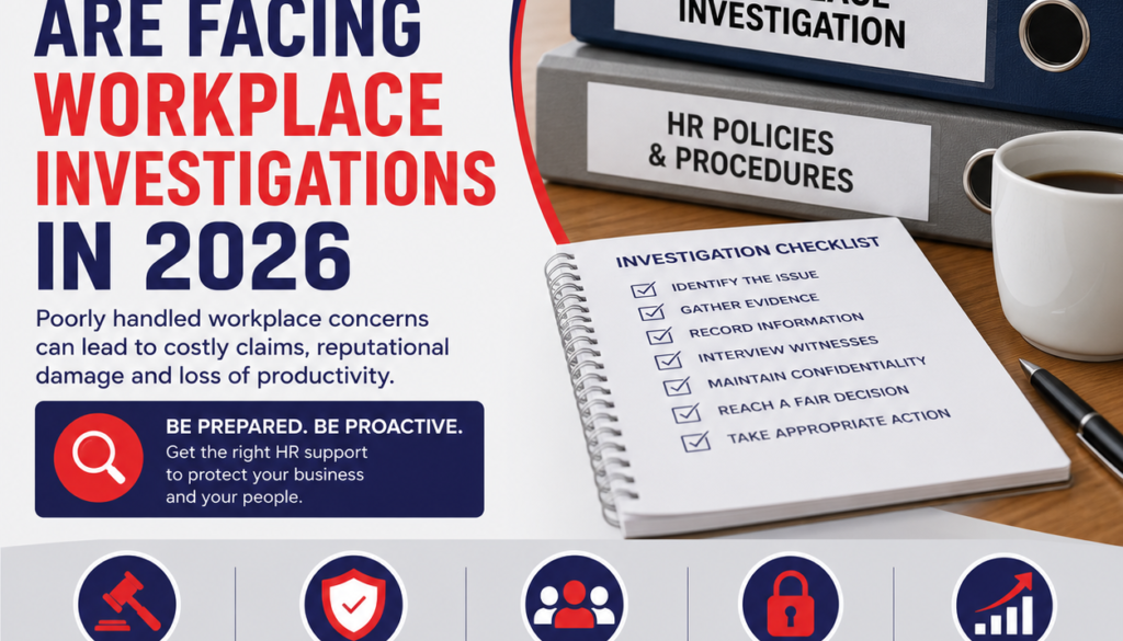 Infographic about HR workplace investigations in 2026, showing bold headline, binders labeled Workplace Investigation and HR Policies, plus a desk checklist graphic and contact info at the bottom.