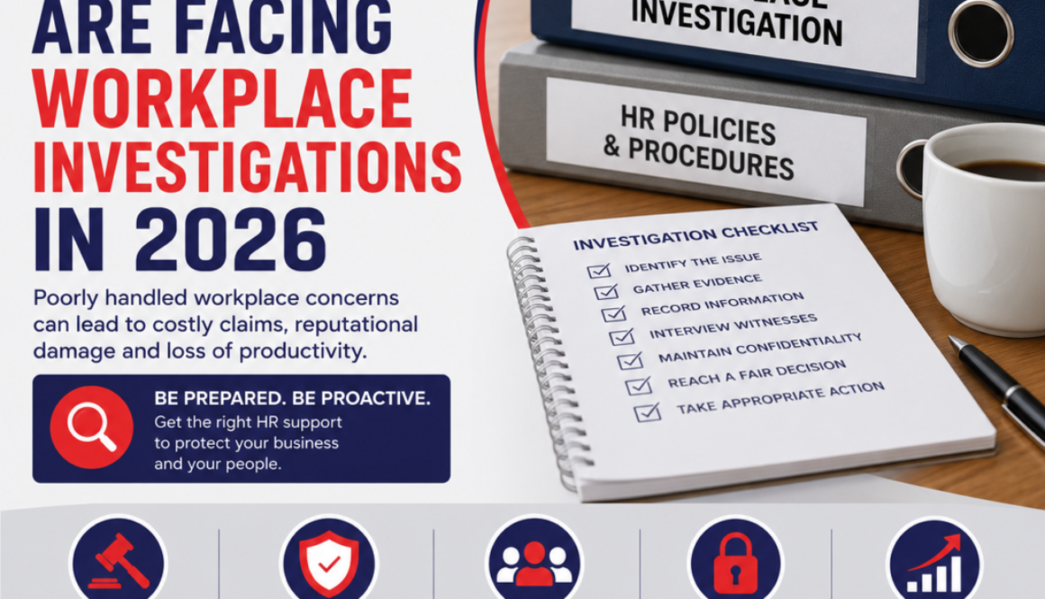 Infographic about HR workplace investigations in 2026, showing bold headline, binders labeled Workplace Investigation and HR Policies, plus a desk checklist graphic and contact info at the bottom.