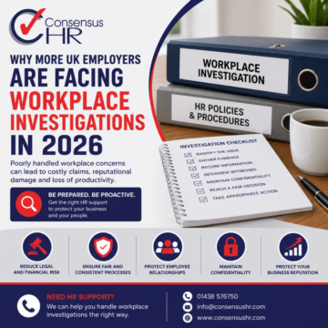 Infographic about HR workplace investigations in 2026, showing bold headline, binders labeled Workplace Investigation and HR Policies, plus a desk checklist graphic and contact info at the bottom.