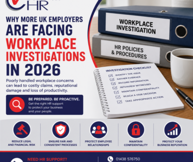 Infographic about HR workplace investigations in 2026, showing bold headline, binders labeled Workplace Investigation and HR Policies, plus a desk checklist graphic and contact info at the bottom.