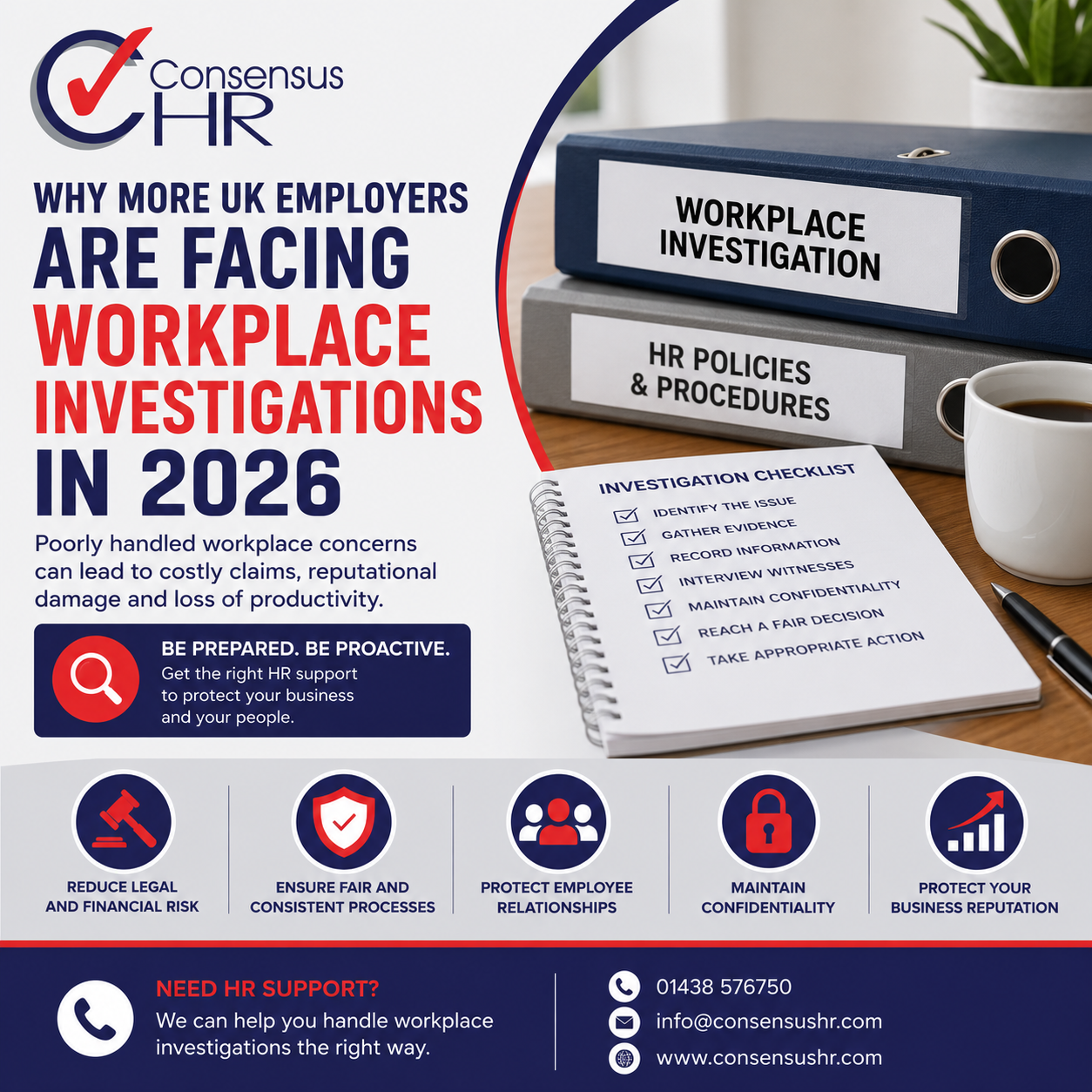Infographic about HR workplace investigations in 2026, showing bold headline, binders labeled Workplace Investigation and HR Policies, plus a desk checklist graphic and contact info at the bottom.