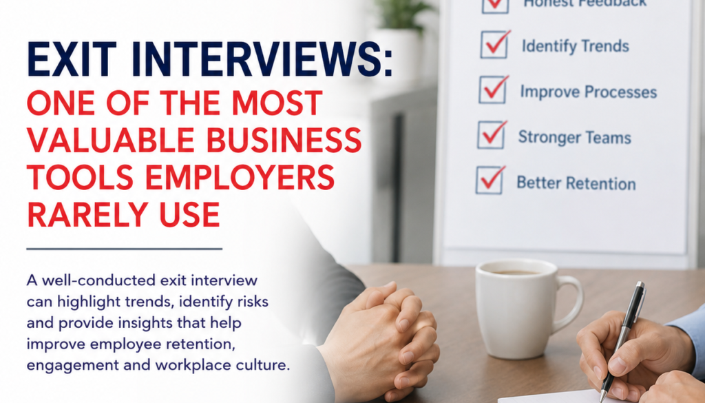 Consensus HR poster promoting exit interviews as a valuable business tool, with a checklist on a standing board and a person taking notes at a table.