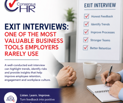 Consensus HR poster promoting exit interviews as a valuable business tool, with a checklist on a standing board and a person taking notes at a table.