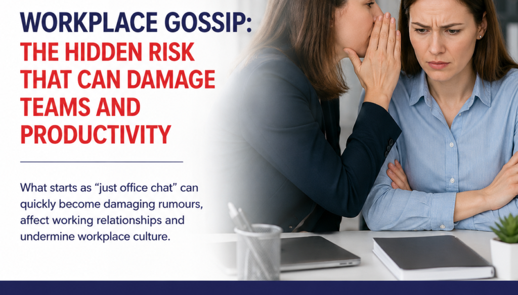 Two coworkers in an office; one whispers to the other as the headline reads: 'Workplace Gossip: The Hidden Risk That Can Damage Teams and Productivity'