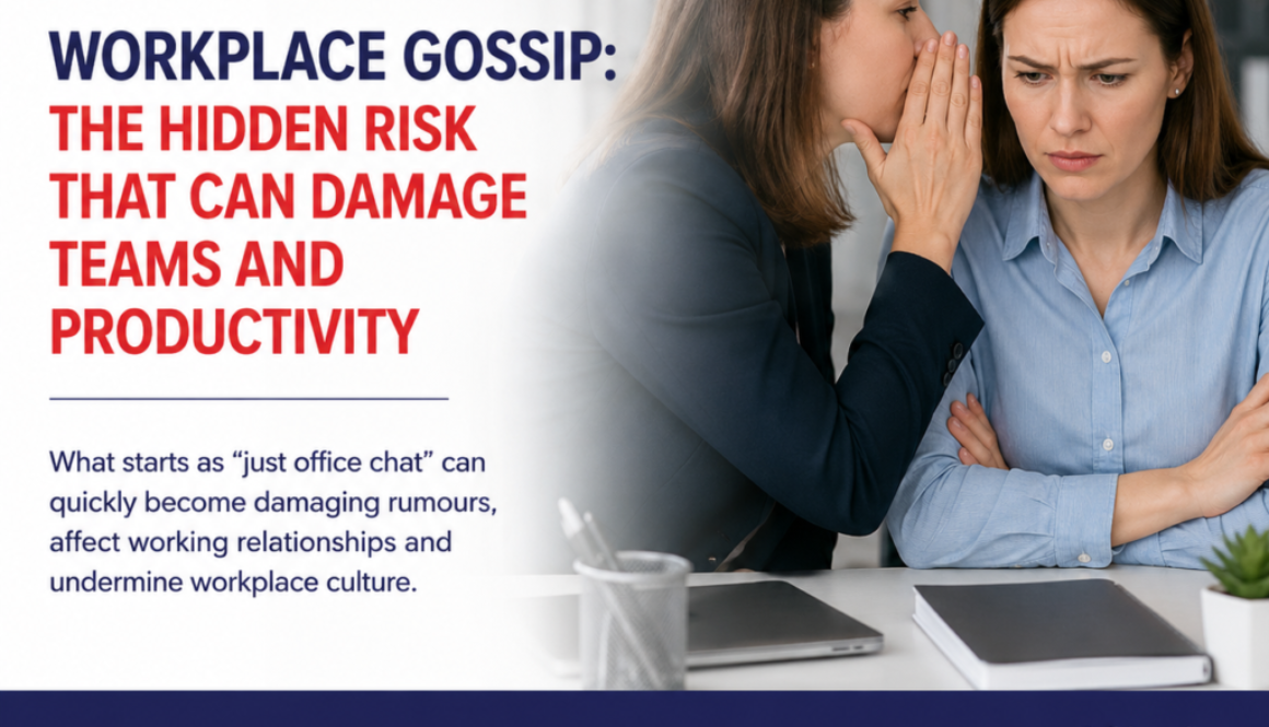 Two coworkers in an office; one whispers to the other as the headline reads: 'Workplace Gossip: The Hidden Risk That Can Damage Teams and Productivity'