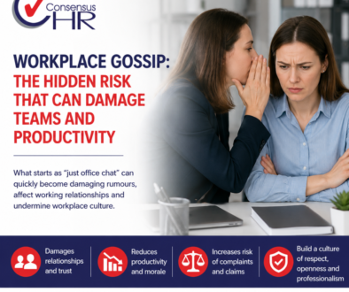Two coworkers in an office; one whispers to the other as the headline reads: 'Workplace Gossip: The Hidden Risk That Can Damage Teams and Productivity'