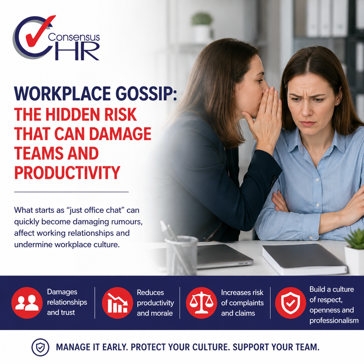 Two coworkers in an office; one whispers to the other as the headline reads: 'Workplace Gossip: The Hidden Risk That Can Damage Teams and Productivity'