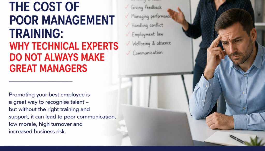 Poster about the cost of poor management training; a stressed man sits at a desk while a woman points to a whiteboard checklist, with a Consensus HR logo in the corner.