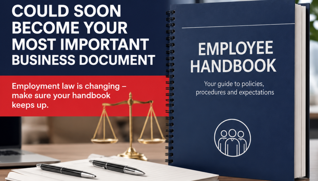 Promotional image of an Employee Handbook on a desk with a blue binder, scales of justice, pens, and the Consensus HR logo in the corner.