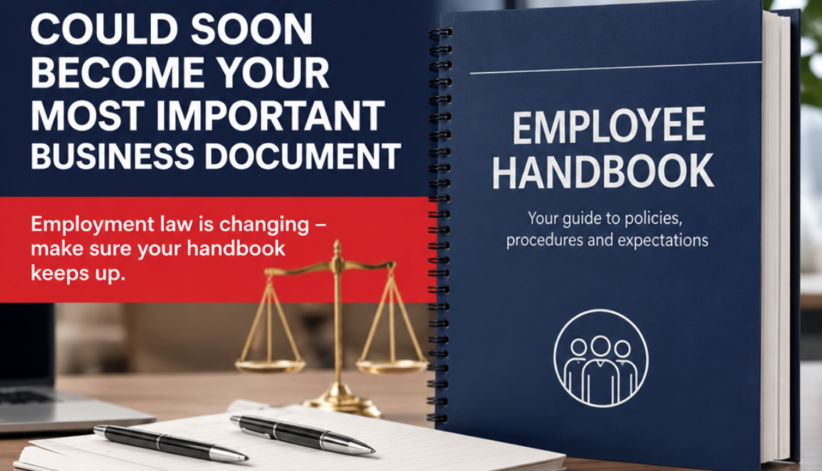 Promotional image of an Employee Handbook on a desk with a blue binder, scales of justice, pens, and the Consensus HR logo in the corner.