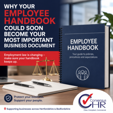 Promotional image of an Employee Handbook on a desk with a blue binder, scales of justice, pens, and the Consensus HR logo in the corner.